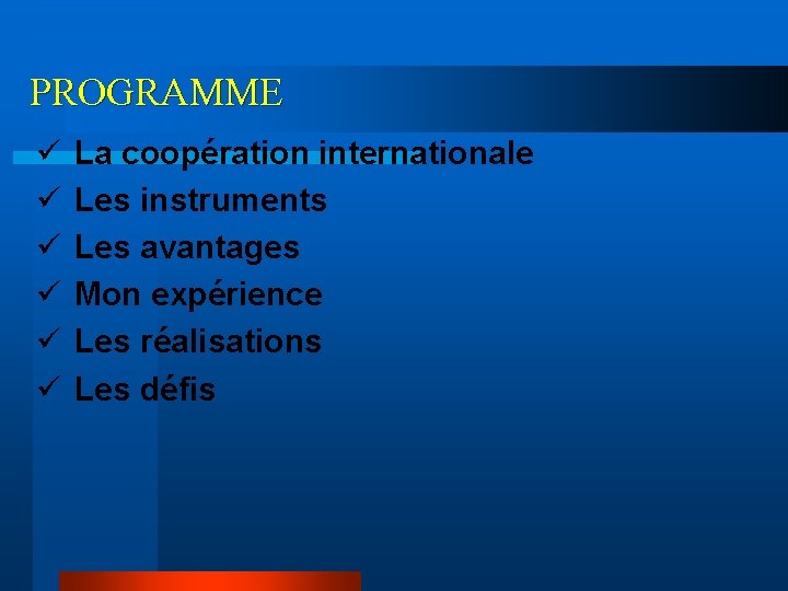 PROGRAMME ü La coopération internationale ü Les instruments ü Les avantages ü Mon expérience