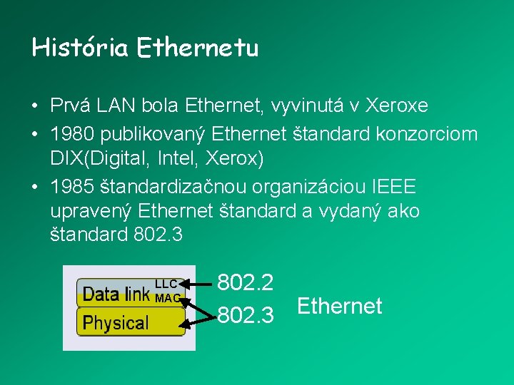 História Ethernetu • Prvá LAN bola Ethernet, vyvinutá v Xeroxe • 1980 publikovaný Ethernet