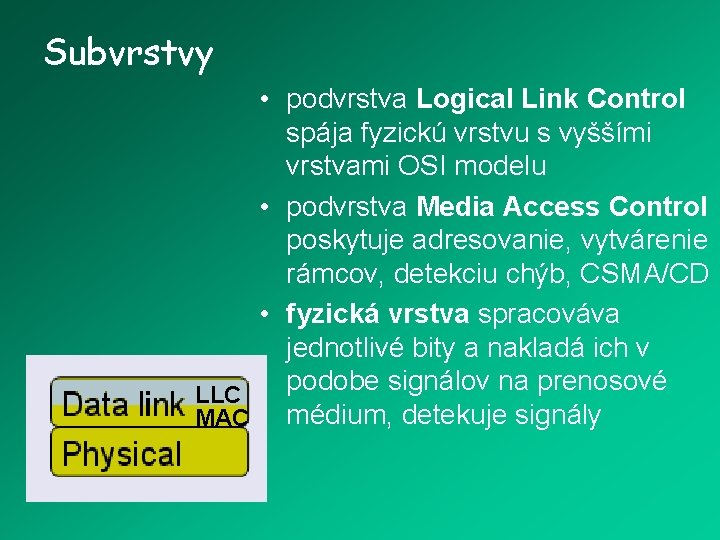 Subvrstvy • podvrstva Logical Link Control spája fyzickú vrstvu s vyššími vrstvami OSI modelu