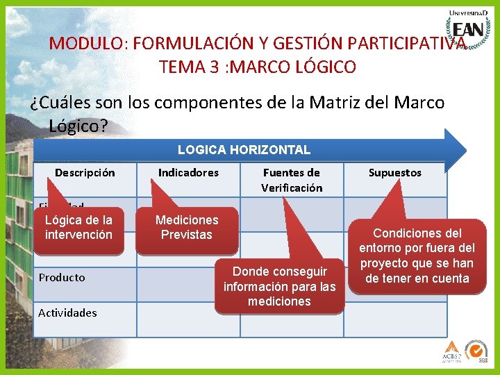 MODULO: FORMULACIÓN Y GESTIÓN PARTICIPATIVA TEMA 3 : MARCO LÓGICO ¿Cuáles son los componentes