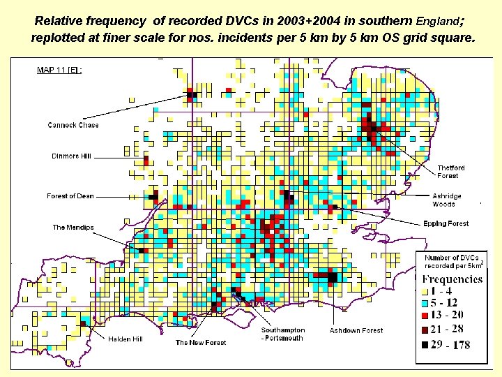 Relative frequency of recorded DVCs in 2003+2004 in southern England; replotted at finer scale