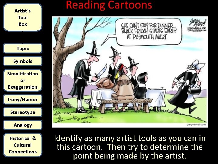 Artist’s Tool Box Reading Cartoons Topic Symbols Simplification or Exaggeration Irony/Humor Stereotype Analogy Historical
