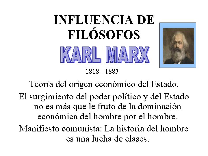 INFLUENCIA DE FILÓSOFOS 1818 - 1883 Teoría del origen económico del Estado. El surgimiento