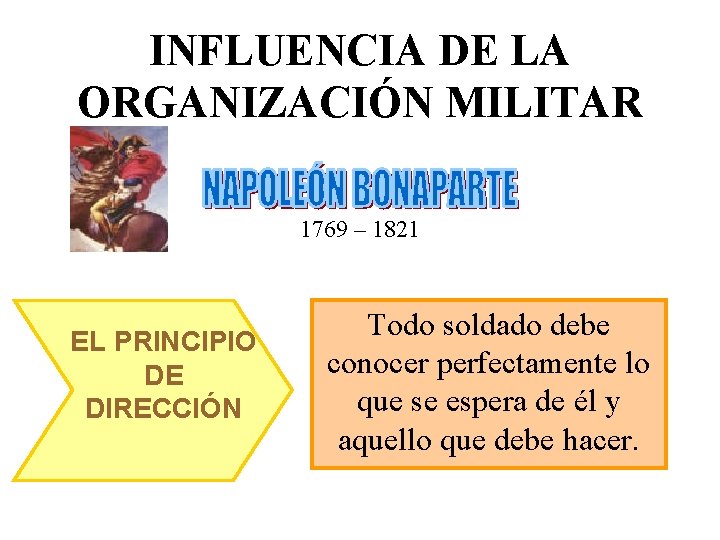 INFLUENCIA DE LA ORGANIZACIÓN MILITAR 1769 – 1821 EL PRINCIPIO DE DIRECCIÓN Todo soldado