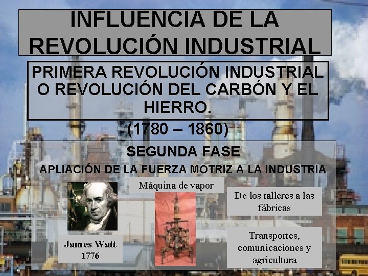 INFLUENCIA DE LA REVOLUCIÓN INDUSTRIAL PRIMERA REVOLUCIÓN INDUSTRIAL O REVOLUCIÓN DEL CARBÓN Y EL