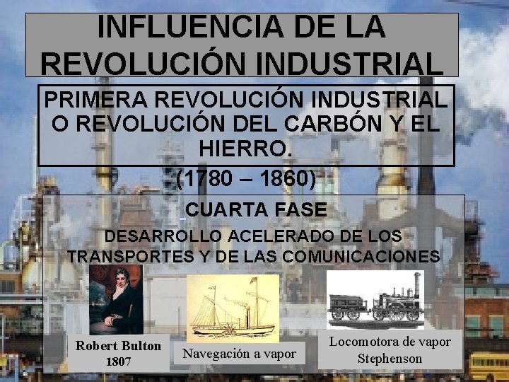 INFLUENCIA DE LA REVOLUCIÓN INDUSTRIAL PRIMERA REVOLUCIÓN INDUSTRIAL O REVOLUCIÓN DEL CARBÓN Y EL