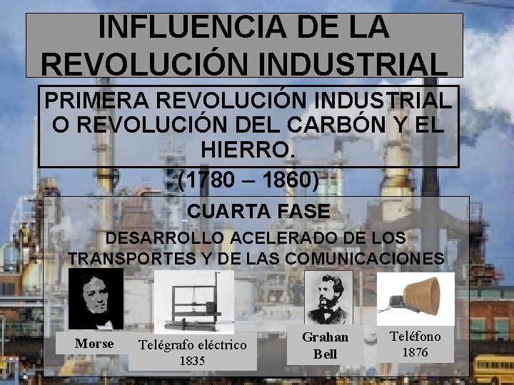 INFLUENCIA DE LA REVOLUCIÓN INDUSTRIAL PRIMERA REVOLUCIÓN INDUSTRIAL O REVOLUCIÓN DEL CARBÓN Y EL