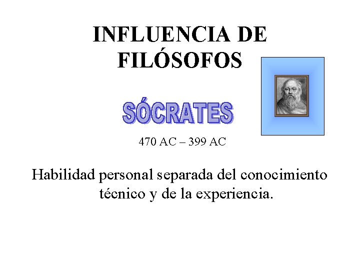 INFLUENCIA DE FILÓSOFOS 470 AC – 399 AC Habilidad personal separada del conocimiento técnico