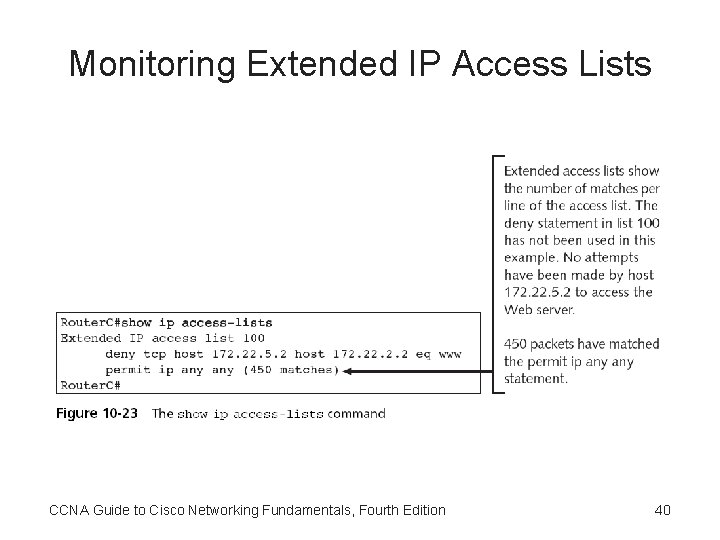 Monitoring Extended IP Access Lists CCNA Guide to Cisco Networking Fundamentals, Fourth Edition 40