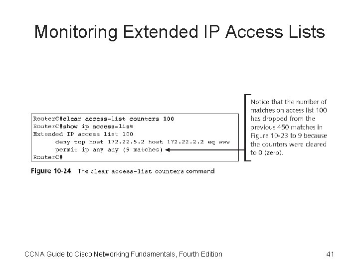 Monitoring Extended IP Access Lists CCNA Guide to Cisco Networking Fundamentals, Fourth Edition 41