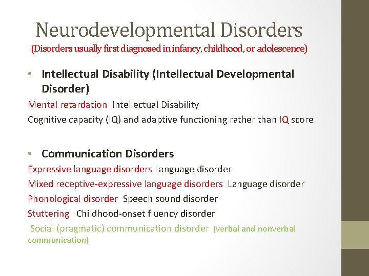 Neurodevelopmental Disorders (Disorders usually first diagnosed in infancy, childhood, or adolescence) • Intellectual Disability Neurodevelopmental Disorders (Disorders usually first diagnosed in infancy, childhood, or adolescence) • Intellectual Disability