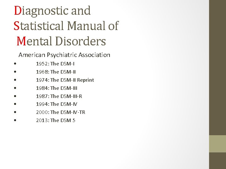 Diagnostic and Statistical Manual of Mental Disorders American Psychiatric Association • • 1952: The Diagnostic and Statistical Manual of Mental Disorders American Psychiatric Association • • 1952: The