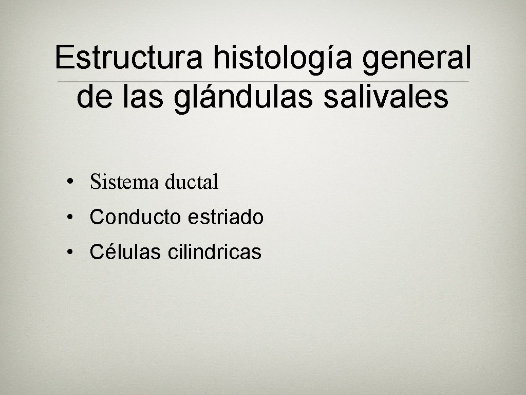 Estructura histología general de las glándulas salivales • Sistema ductal • Conducto estriado • Estructura histología general de las glándulas salivales • Sistema ductal • Conducto estriado •