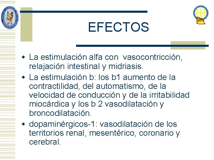 EFECTOS w La estimulación alfa con vasocontricción, relajación intestinal y midriasis. w La estimulación EFECTOS w La estimulación alfa con vasocontricción, relajación intestinal y midriasis. w La estimulación