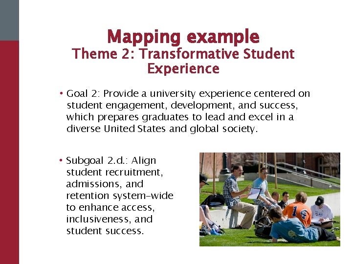 Mapping example Theme 2: Transformative Student Experience • Goal 2: Provide a university experience