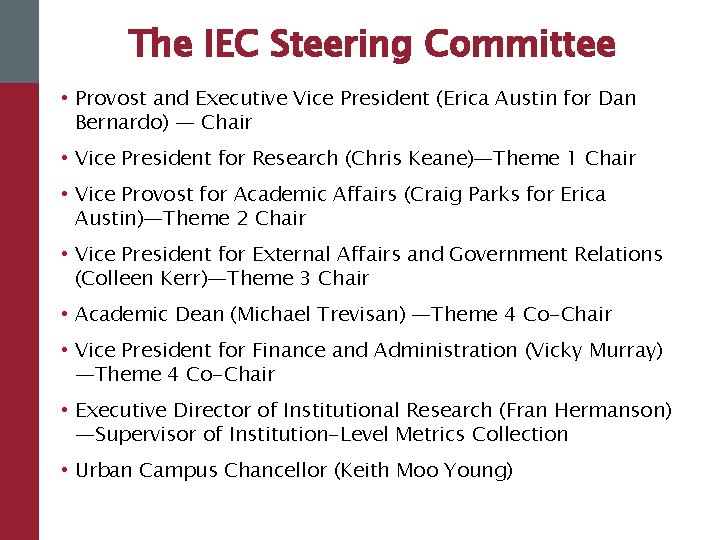 The IEC Steering Committee • Provost and Executive Vice President (Erica Austin for Dan