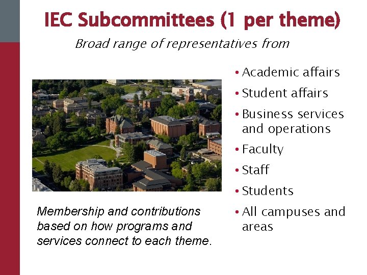 IEC Subcommittees (1 per theme) Broad range of representatives from • Academic affairs •