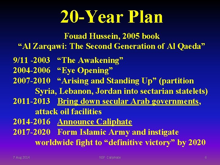 20 -Year Plan Fouad Hussein, 2005 book “Al Zarqawi: The Second Generation of Al