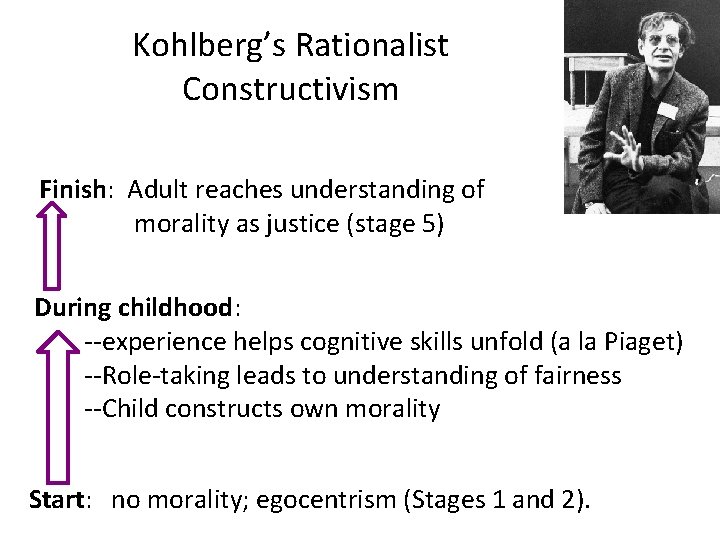 Kohlberg’s Rationalist Constructivism Finish: Adult reaches understanding of morality as justice (stage 5) During