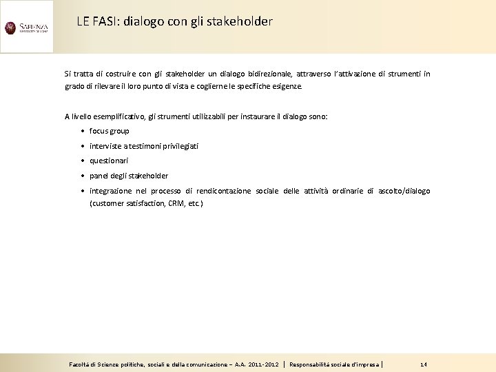 LE FASI: dialogo con gli stakeholder Si tratta di costruire con gli stakeholder un