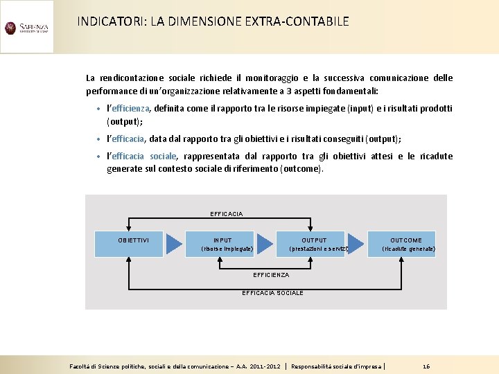 INDICATORI: LA DIMENSIONE EXTRA-CONTABILE La rendicontazione sociale richiede il monitoraggio e la successiva comunicazione