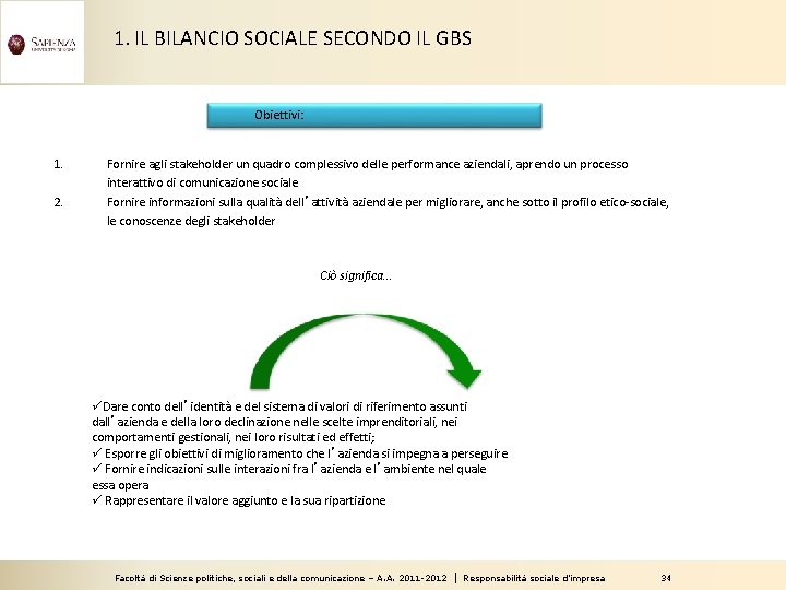 1. IL BILANCIO SOCIALE SECONDO IL GBS Obiettivi: 1. 2. Fornire agli stakeholder un