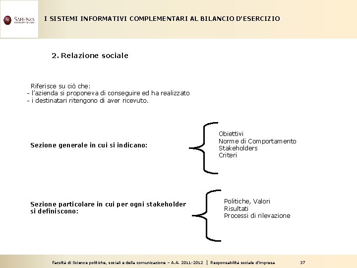 I SISTEMI INFORMATIVI COMPLEMENTARI AL BILANCIO D’ESERCIZIO 2. Relazione sociale Riferisce su ciò che: