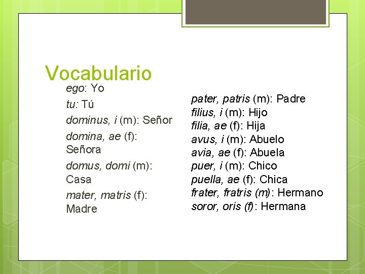 Vocabulario ego: Yo tu: Tú dominus, i (m): Señor domina, ae (f): Señora domus,