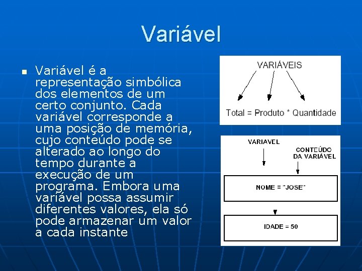 Variável n Variável é a representação simbólica dos elementos de um certo conjunto. Cada