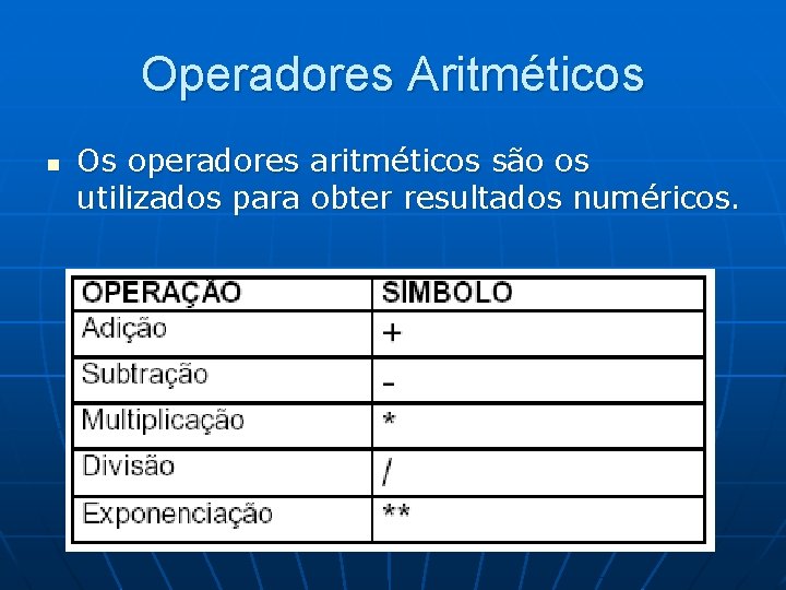 Operadores Aritméticos n Os operadores aritméticos são os utilizados para obter resultados numéricos. 