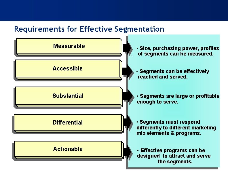 Requirements for Effective Segmentation Measurable Accessible • Size, purchasing power, profiles of segments can