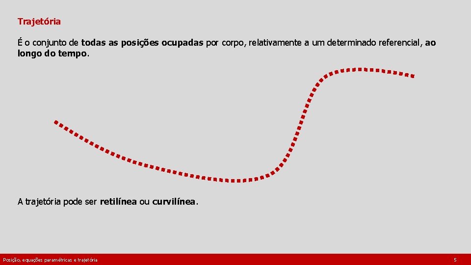 Trajetória É o conjunto de todas as posições ocupadas por corpo, relativamente a um