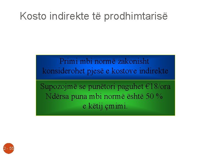 Kosto indirekte të prodhimtarisë Primi mbi normë zakonisht konsiderohet pjesë e kostove indirekte Supozojmë