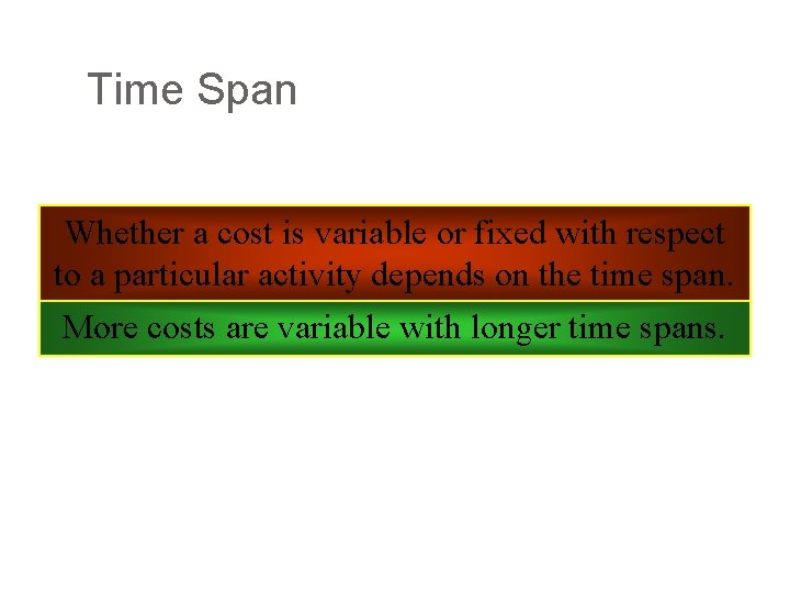 Time Span Whether a cost is variable or fixed with respect to a particular