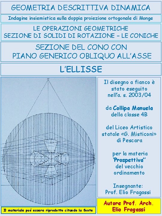 GEOMETRIA DESCRITTIVA DINAMICA Indagine insiemistica sulla doppia proiezione ortogonale di Monge LE OPERAZIONI GEOMETRICHE GEOMETRIA DESCRITTIVA DINAMICA Indagine insiemistica sulla doppia proiezione ortogonale di Monge LE OPERAZIONI GEOMETRICHE