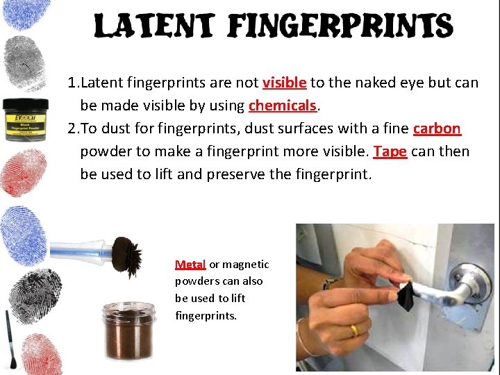 1. Latent fingerprints are not visible to the naked eye but can be made