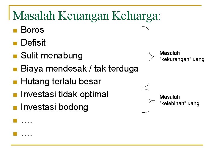 Masalah Keuangan Keluarga: n n n n n Boros Defisit Sulit menabung Biaya mendesak