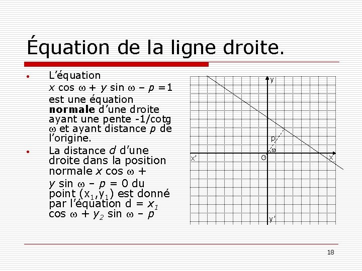 Équation de la ligne droite. • • L’équation x cos w + y sin Équation de la ligne droite. • • L’équation x cos w + y sin