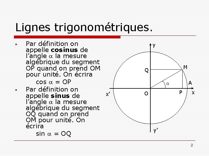 Lignes trigonométriques. • • Par définition on appelle cosinus de l’angle a la mesure Lignes trigonométriques. • • Par définition on appelle cosinus de l’angle a la mesure
