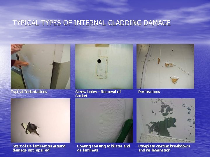 TYPICAL TYPES OF INTERNAL CLADDING DAMAGE Typical Indentations Start of De-lamination around damage not