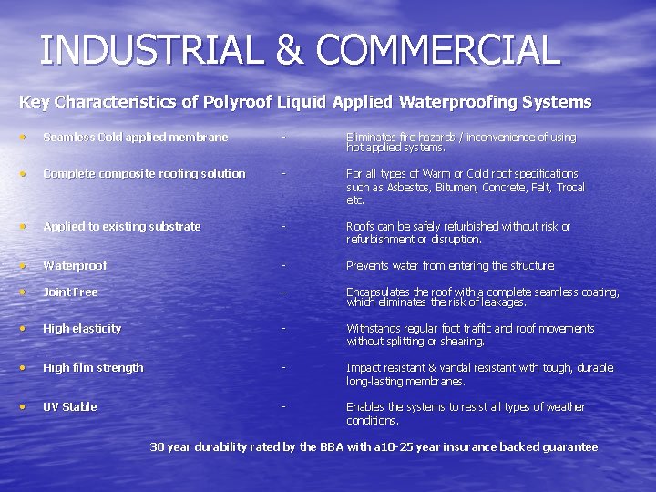 INDUSTRIAL & COMMERCIAL Key Characteristics of Polyroof Liquid Applied Waterproofing Systems • Seamless Cold