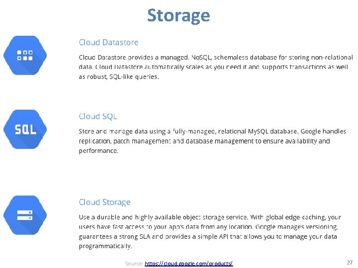 Storage Source: https: //cloud. google. com/products/ 27 