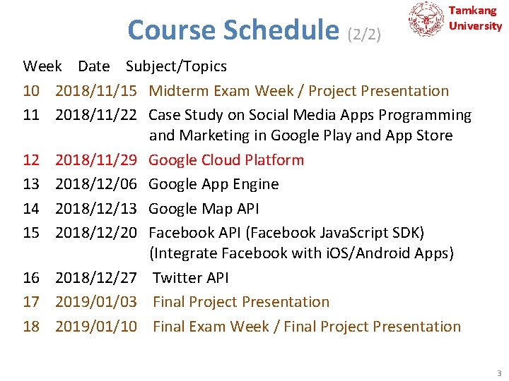 Course Schedule (2/2) Tamkang University Week Date Subject/Topics 10 2018/11/15 Midterm Exam Week /