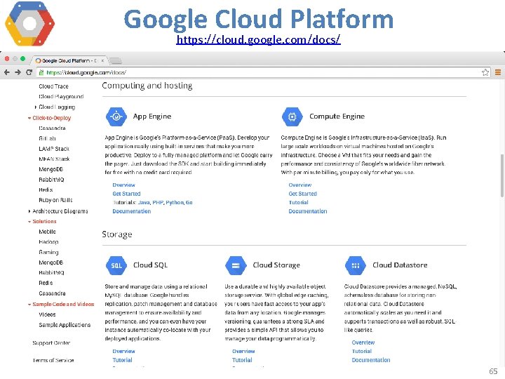 Google Cloud Platform https: //cloud. google. com/docs/ 65 