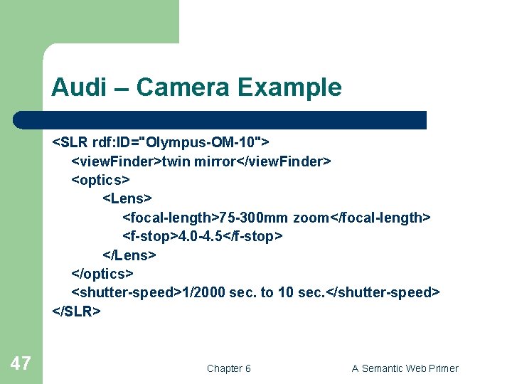 Audi – Camera Example <SLR rdf: ID="Olympus-OM-10"> <view. Finder>twin mirror</view. Finder> <optics> <Lens> <focal-length>75