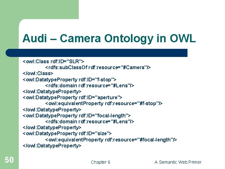 Audi – Camera Ontology in OWL <owl: Class rdf: ID="SLR"> <rdfs: sub. Class. Of