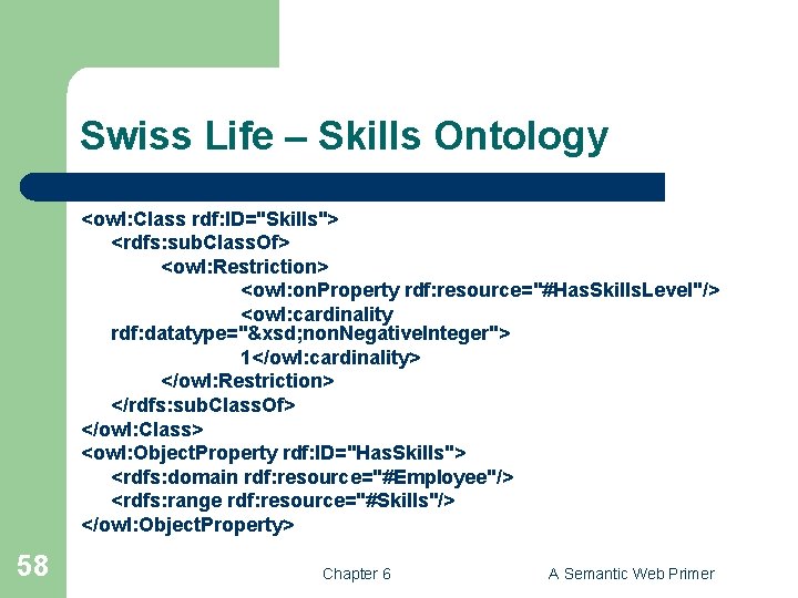 Swiss Life – Skills Ontology <owl: Class rdf: ID="Skills"> <rdfs: sub. Class. Of> <owl: