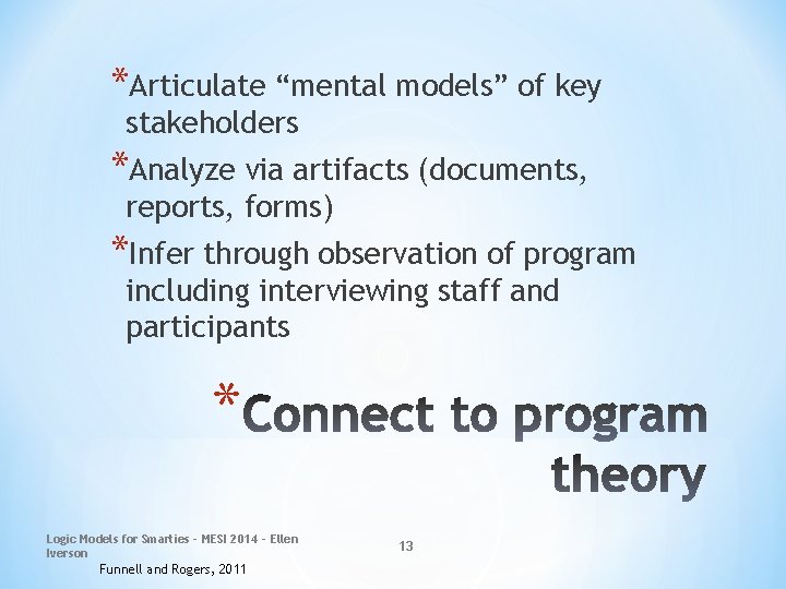 *Articulate “mental models” of key stakeholders *Analyze via artifacts (documents, reports, forms) *Infer through