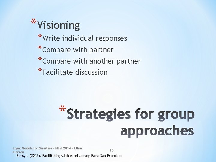 *Visioning *Write individual responses *Compare with partner *Compare with another partner *Facilitate discussion *