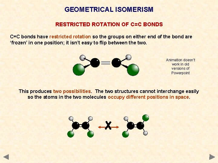 GEOMETRICAL ISOMERISM RESTRICTED ROTATION OF C=C BONDS C=C bonds have restricted rotation so the